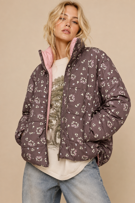 Bow Print Puffer Zipper Jacket