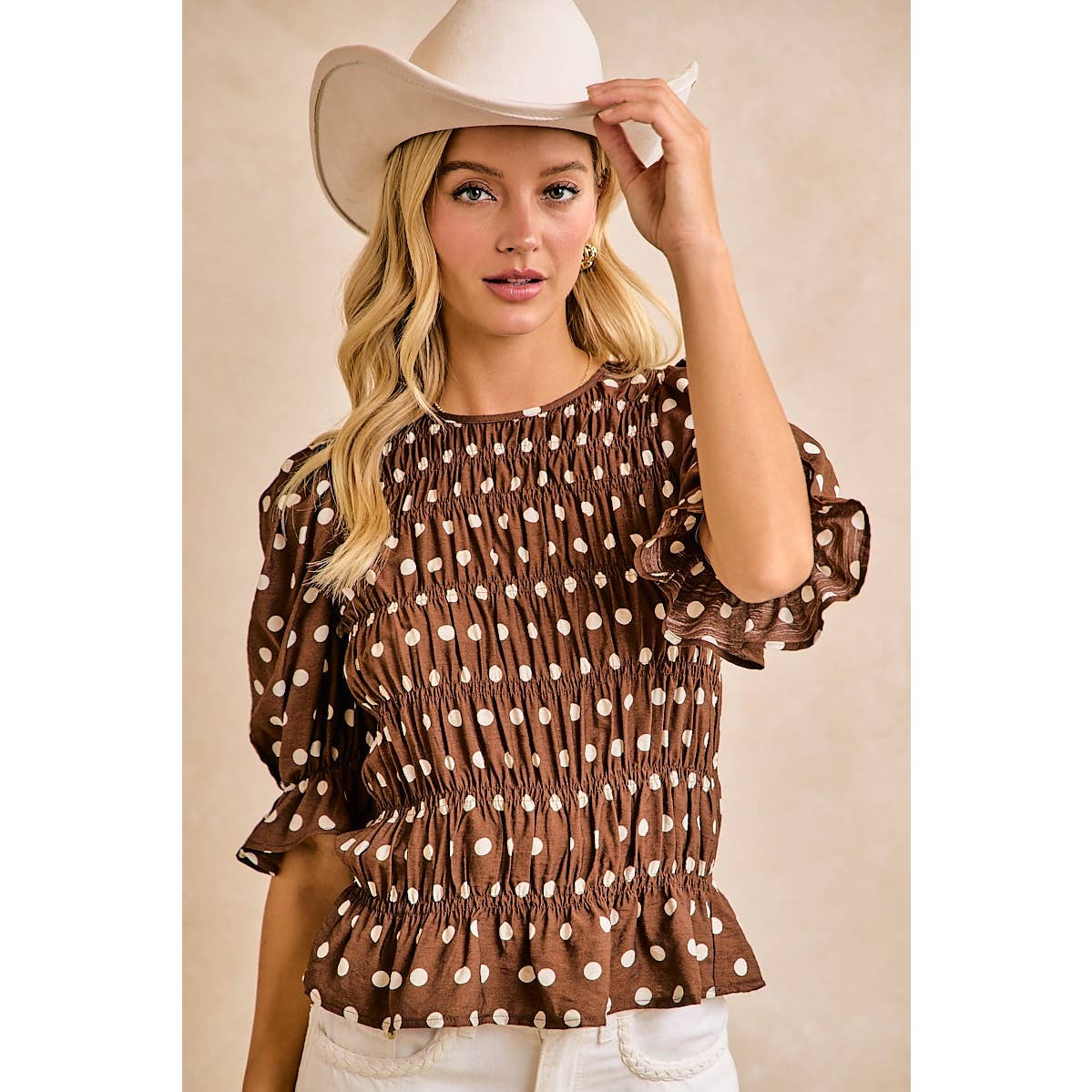 POLKA DOT PRINTED WOVEN SHIRRED BODY TOP