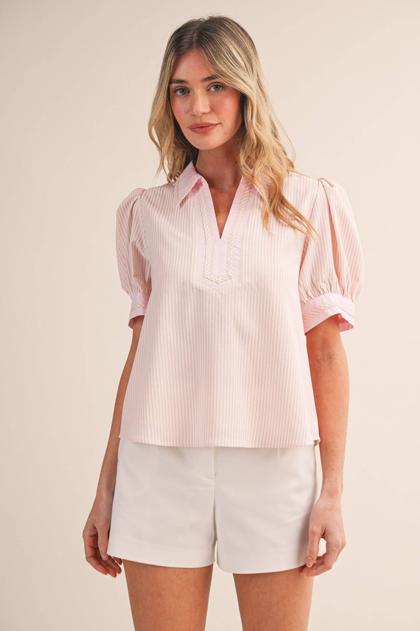 STRIPED CONTRAST BINDING COLLARED TOP MTP4840