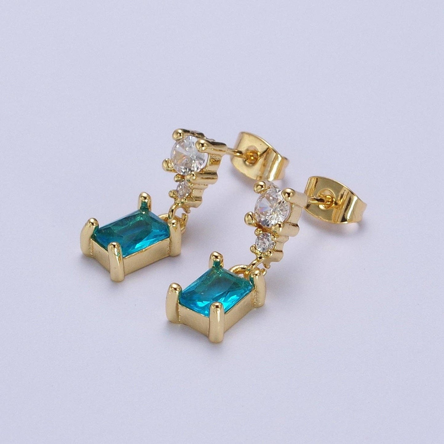 24K Gold Filled Aqua Blue Baguette Cubic Zirconia Dangle Drop Stud Earrings | Y119