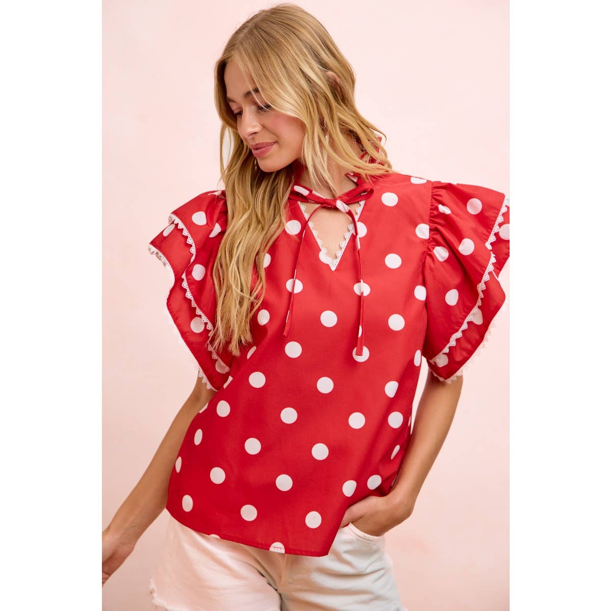 POLKA DOT PRINTED RUFFLE TRIM EDGE BLOUSE TOP