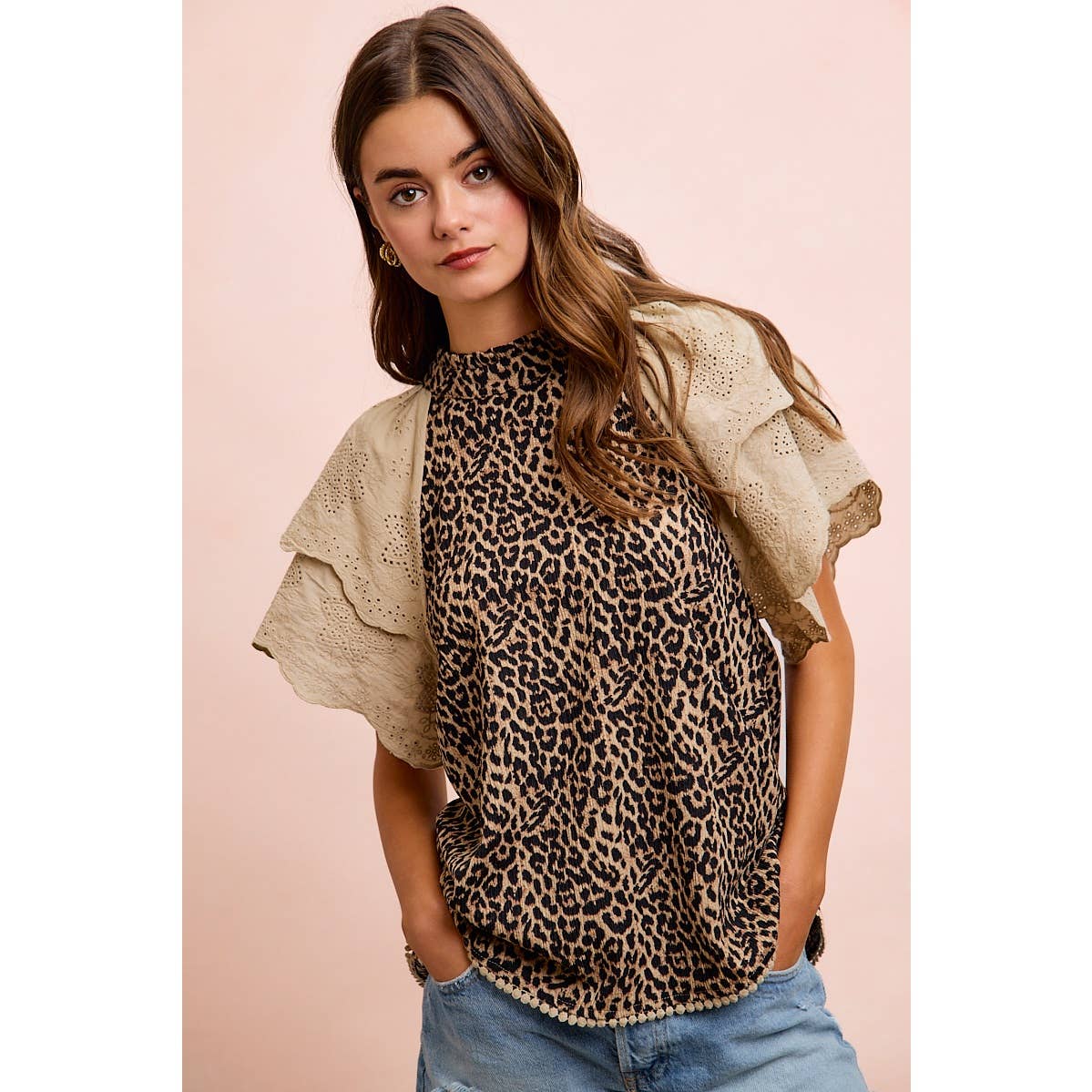 TEXTURED LEOPARD PRINTED LACE SLEEVE BLOUSE TOP