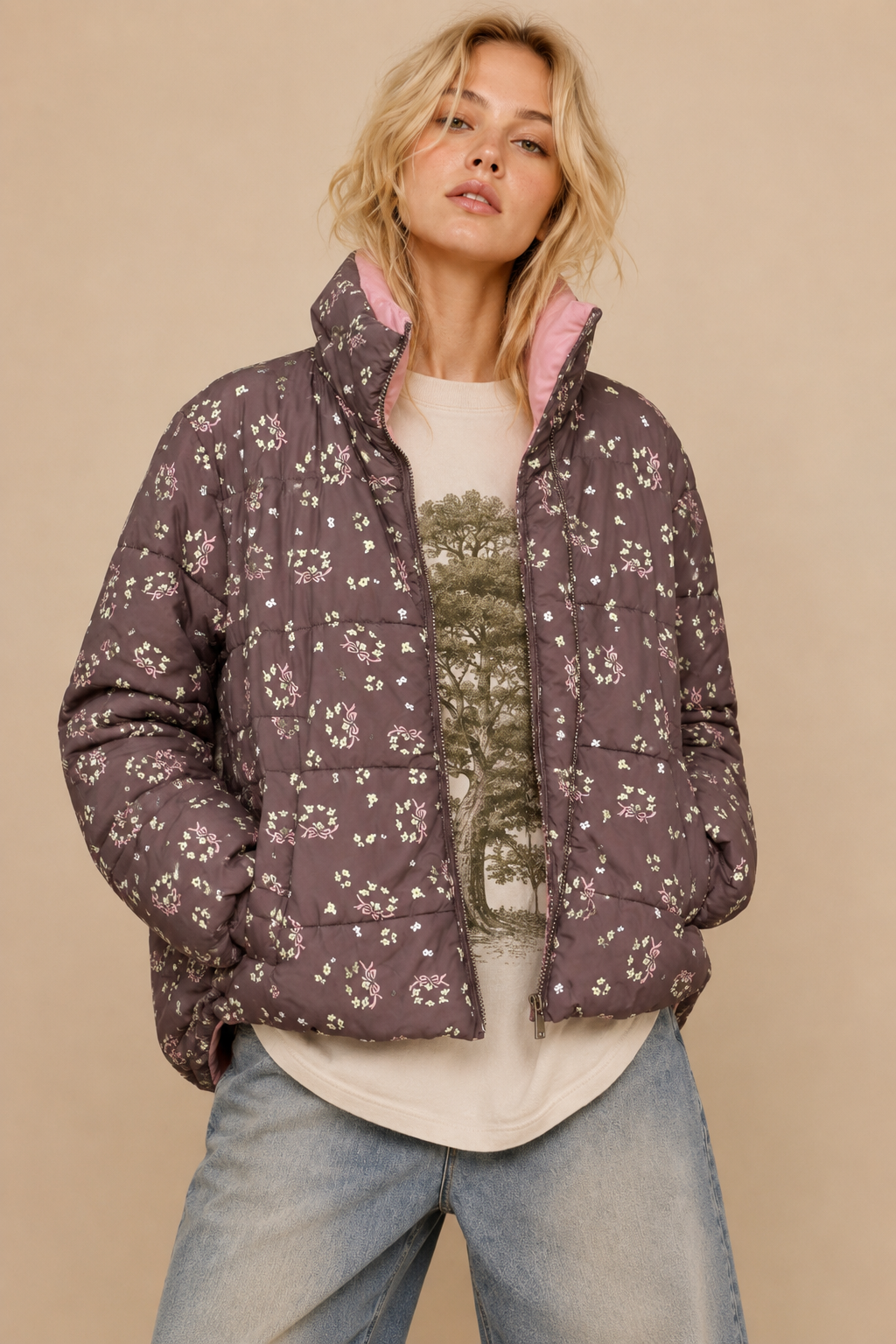 Bow Print Puffer Zipper Jacket