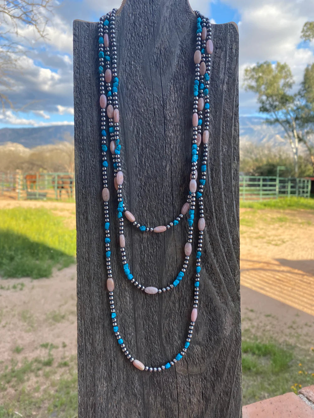 Navajo Sterling Silver Pearls with Kingman Turquoise and Pink Conch 20"