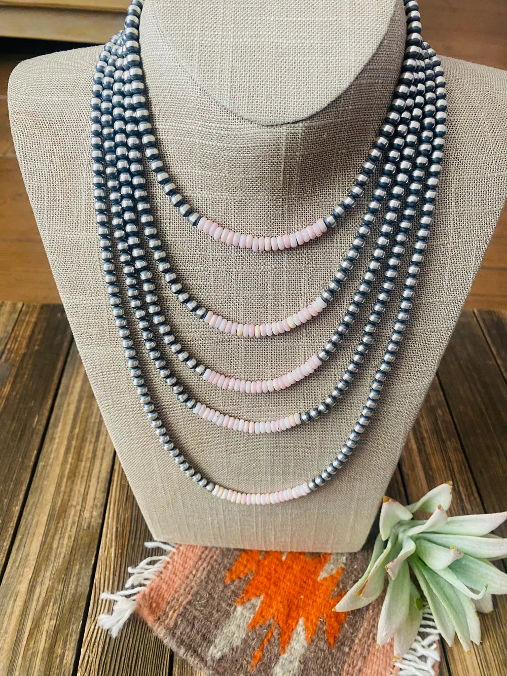 Navajo Sterling Silver Pearl & Queen Pink Conch Beaded Necklace 16"